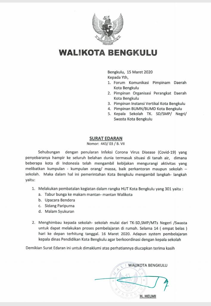Antisipasi Corona Walikota Batalkan Agenda Perayaan HUT Kota Bengkulu