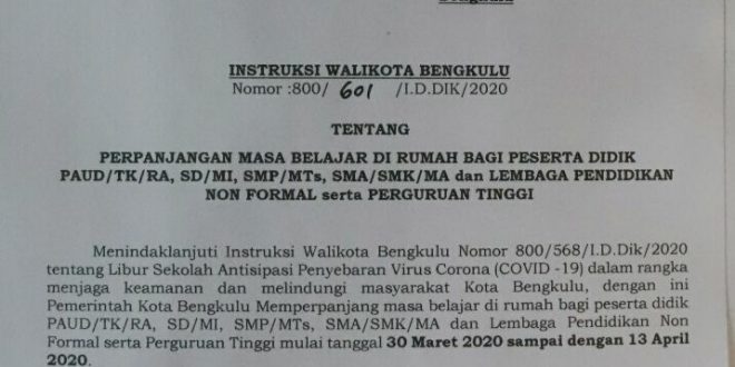 Walikota Intruksikan Tambahan Libur 14 Hari Bagi Pelajar