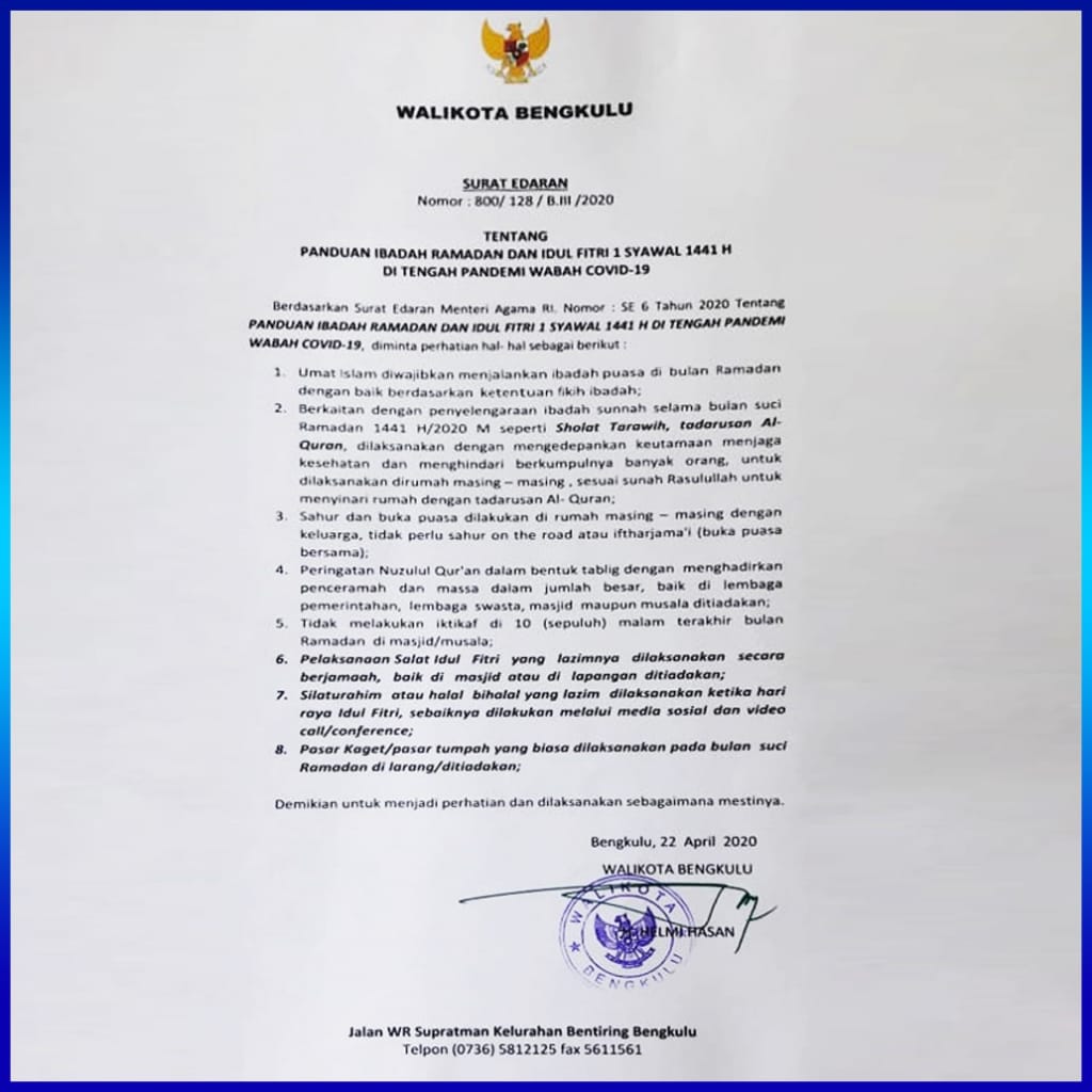 Ramadhan 1441 H Ini 7 Poin Surat Edaran Walikota Bengkulu