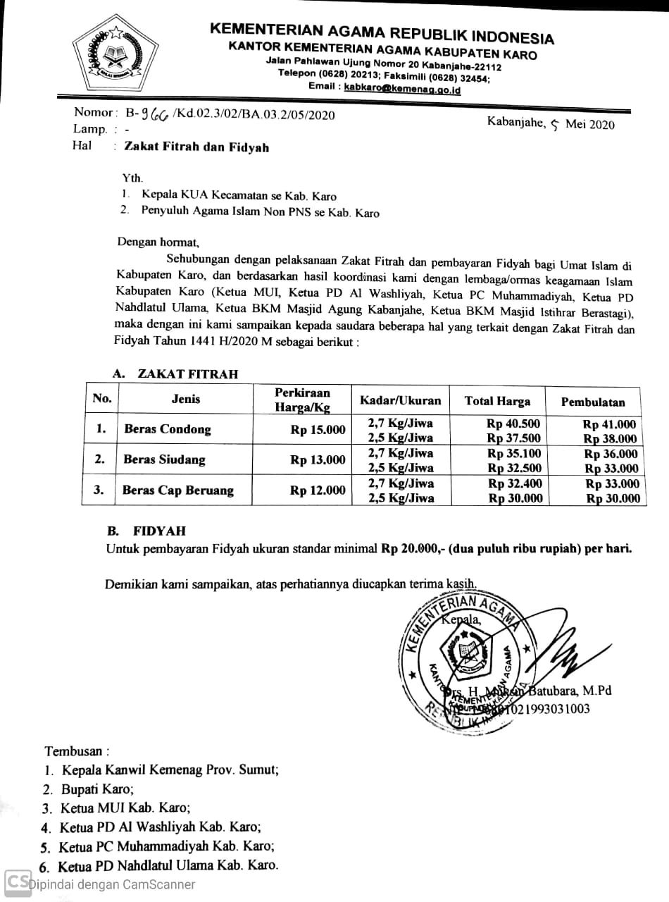 Kemenag Karo Rilis Nominal Zakat Fitra dan Fidyah 1441 H