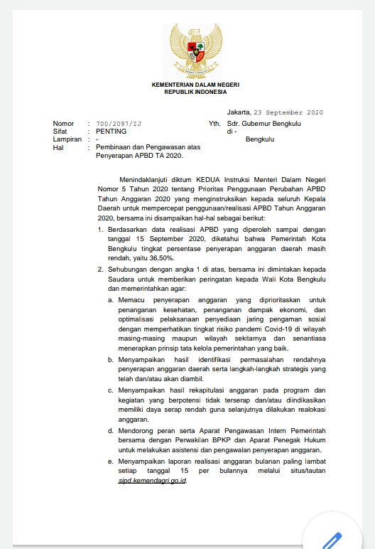 Serapan APBD 2020 Hanya 36,50% Walikota Helmi Ditegur Kemendagri RI