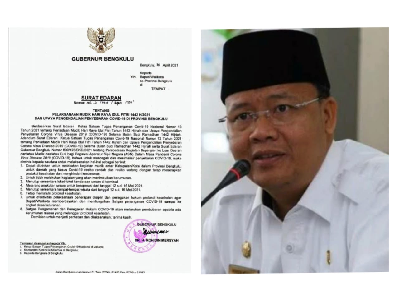 Gubernur Rohidin Keluarkan SE : Perbolehkan Mudik Dalam Bengkulu Pembubaran Kerumunan Hingga Bahas Wisata dan Angkutan