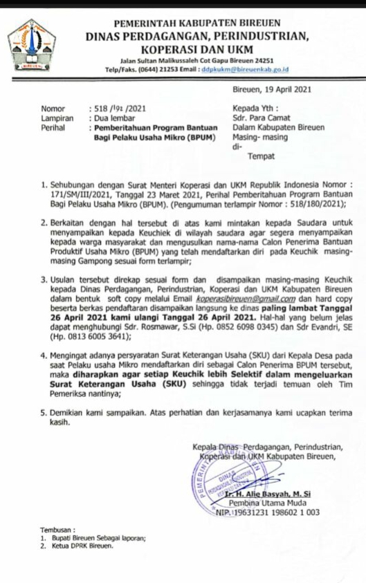 Surat Edaran Kadisperindagkop Bireuen Diduga Tidak Tepat Sasaran