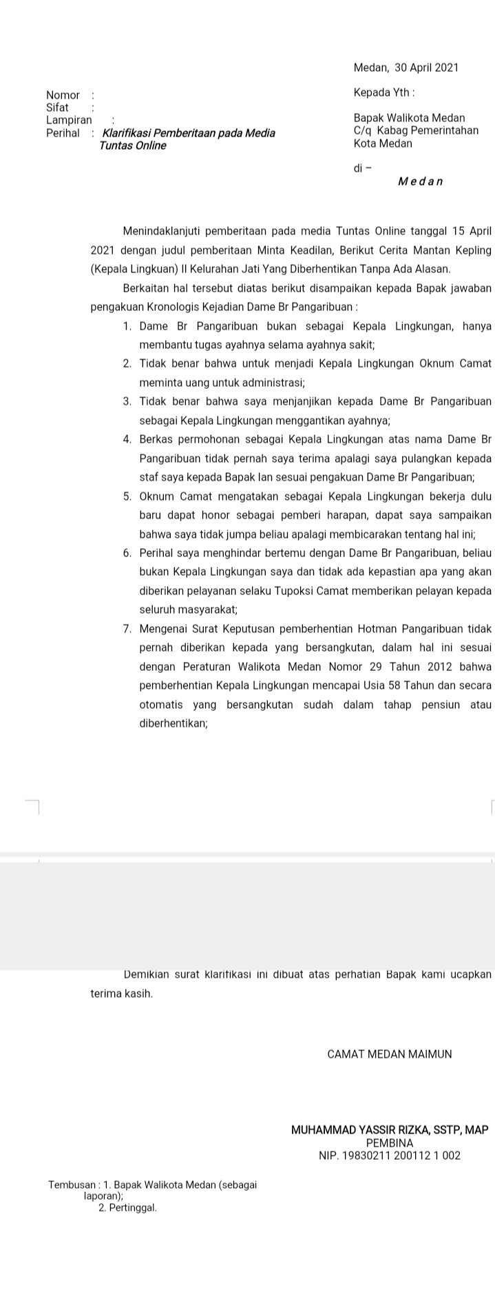 Camat Medan Maimun Berikan Klarifikasi Terkait Pemberitaan Kepling ll Kelurahan Jati