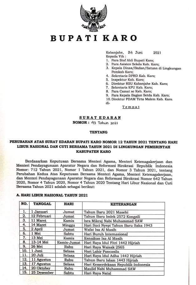Perubahan Hari Libur Nasional Dan Cuti Bersama Bupati Karo Keluarkan SE