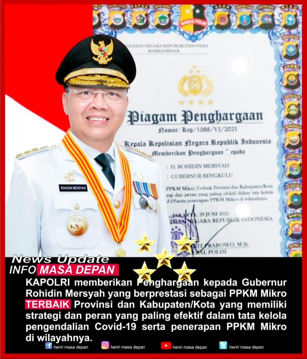 Raih Penghargaan dari Kapolri Karena Prestasi PPKM Gubernur Rohidin : Jangan Berpuas Diri Tetap Disiplin Prokes