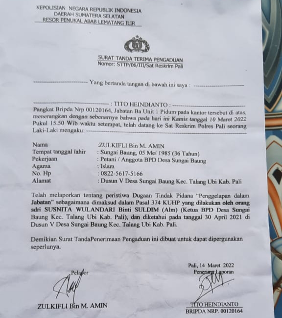 Ketua BPD Sungai Baung Di Laporkan Ke Polres PALI