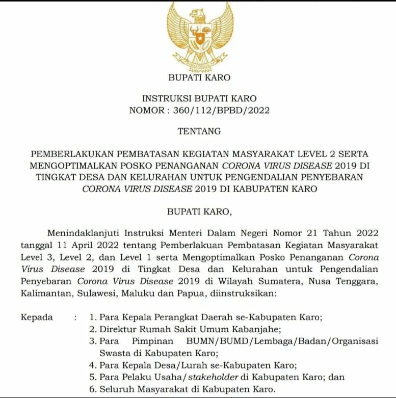 Jelang Hari Raya Idul Fitri Bupati Karo Keluarkan Inbup