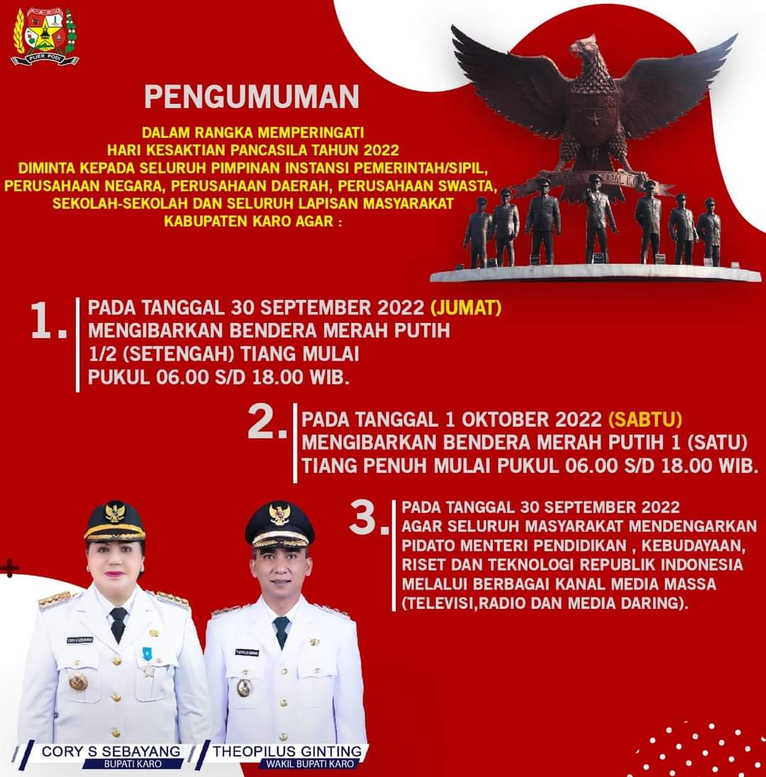 Pemkab Karo Ajak Masyarakat Kibarkan Bendera Merah Putih Setengah Tiang