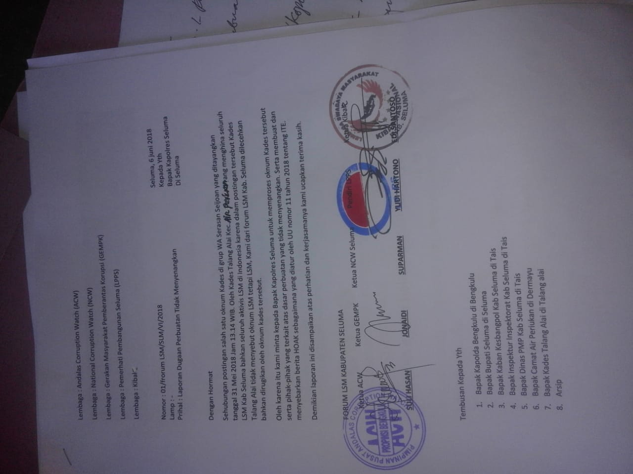 Tampak Bukti Laporan LSM Terkait Cuitan Kades