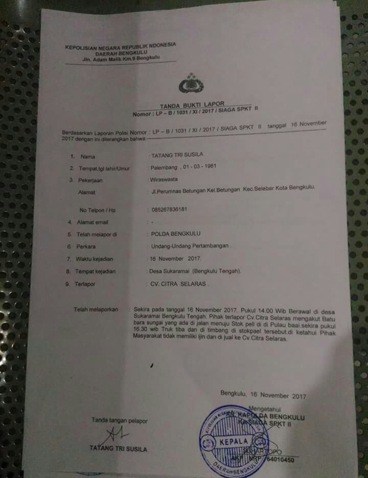 Foto Bukti Pelaporan LBH APKB di Polda Bengkulu 