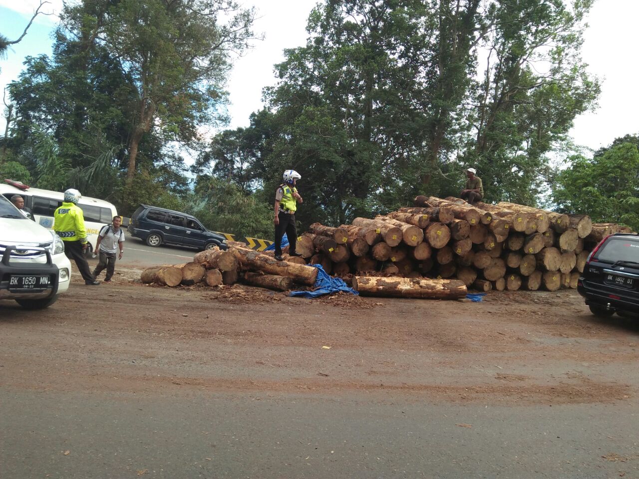 Truk Terbalik,Kayu Glondongan Mulai Dievakuasi 