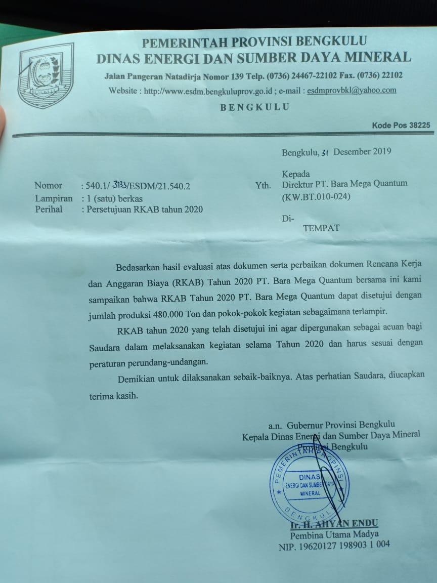 RKAB 2020 Disahkan Bukti PT BMQ Milik Dinmar