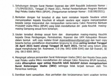 Surat Edaran Kadisperindagkop Bireuen Diduga Tidak Tepat Sasaran
