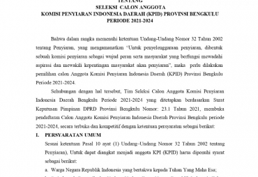 Pendaftaran Seleksi Calon Anggota KPID Bengkulu Dibuka