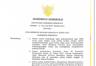 Per 1 Januari 2022 UMP Bengkulu Naik Perusahaan Diimbau Sesuaikan Kebijakan Pengupaha