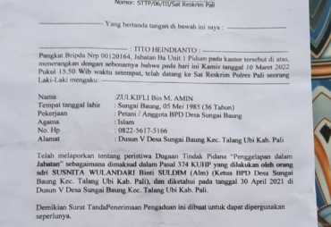 Ketua BPD Sungai Baung Di Laporkan Ke Polres PALI